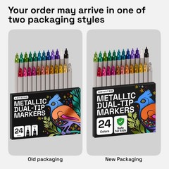 24 Metallic Dual-Tip Acrylic Paint Markers Set – Fine & Dot Tips for Fabric, Roc