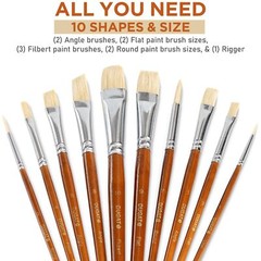 10pcs White Hog Hair Artist Paint Brush Set by Perfect for Acrylic Oil Brown