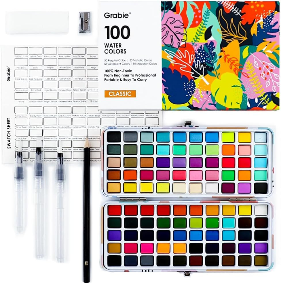 100 Colors Watercolor Paint Set – 50 Regular, 35 Metallic, 10 Macaron and 5 Fluo