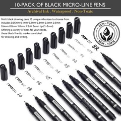 Micro Pen Fineliner Pens, 10 Size Archival Black Ink Pens | Fine Point