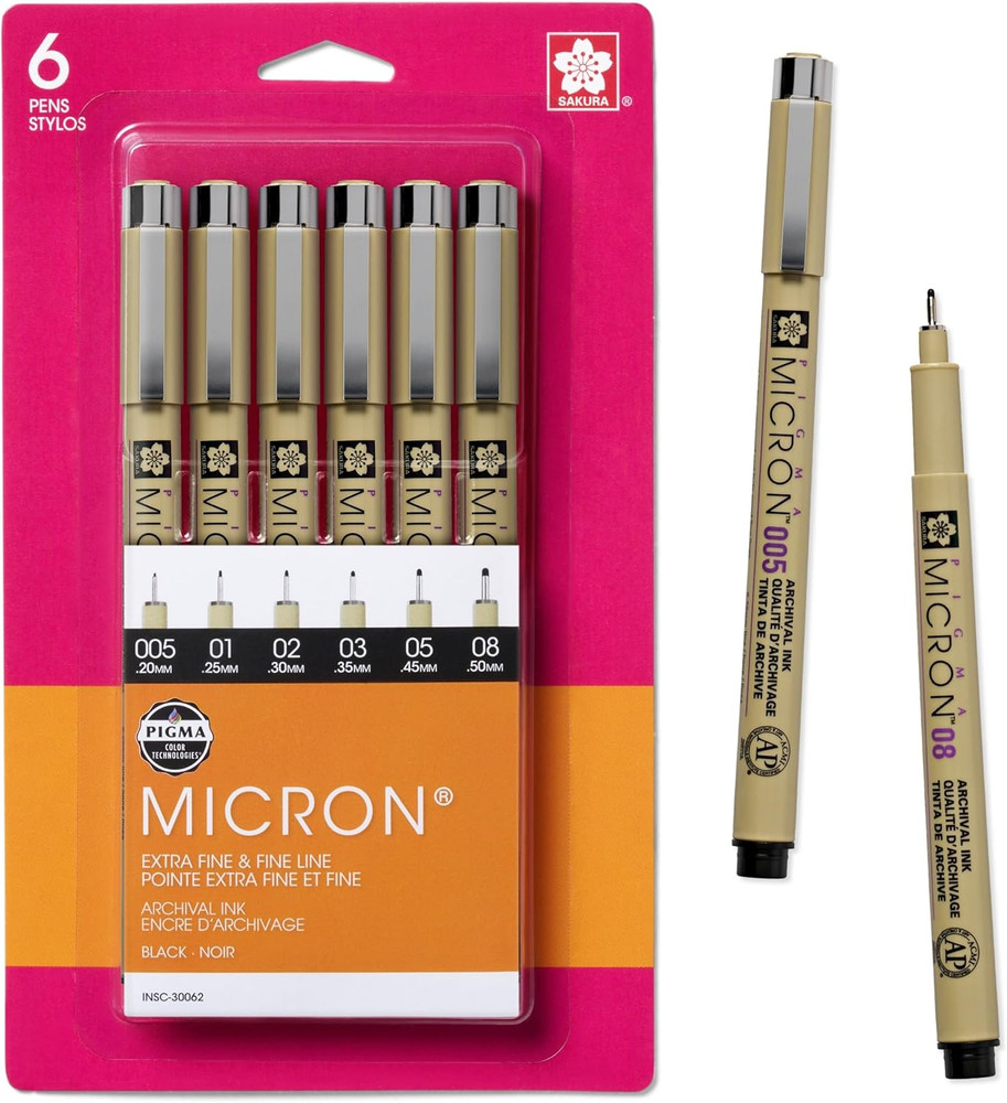 Pigma Micron Fineliner Pens Archival Black Ink Assorted Tip Sizes 6 Pack