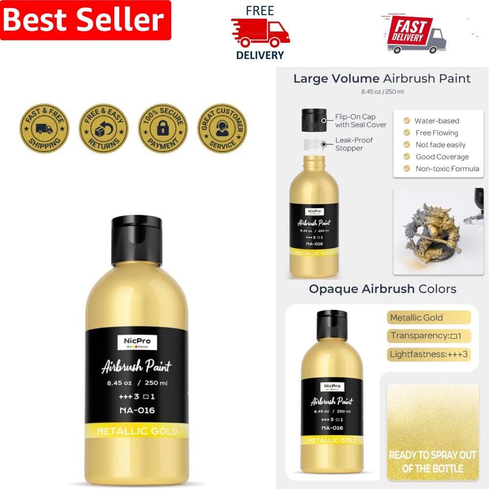 Fast-Drying 8.45 oz Metallic Gold Acrylic Airbrush Paint for Creative Projects