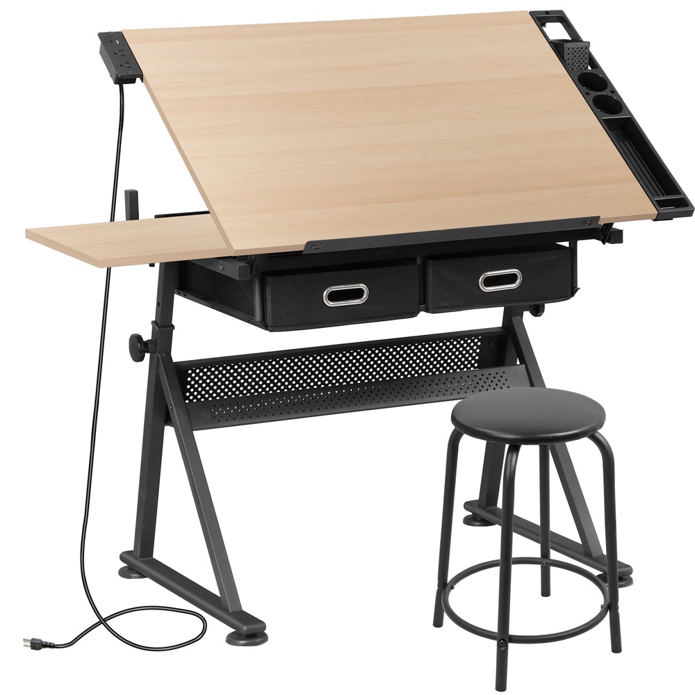 Drafting Drawing Table 9 Levels Adjustable angle w/ Stool Arts & Crafts Natural