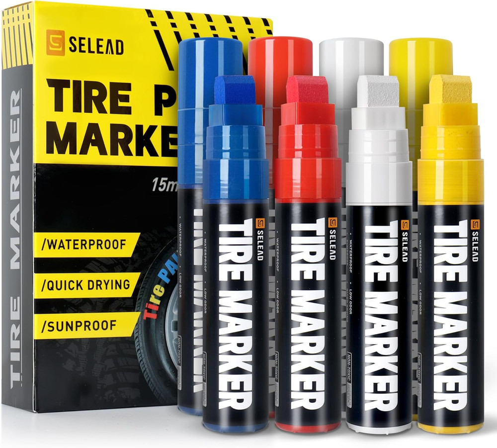 Jumbo Tire Marker White Red Yellow Blue – 8 Pack 15Mm Wide Tip Paint