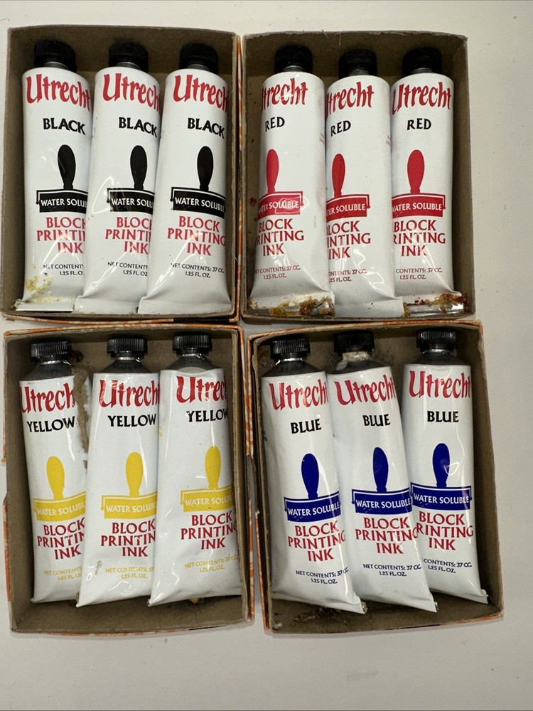 New Old Stock Ulrecht Block Printing Ink 12 Tubes Black Red Yellow Blue