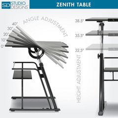 Zenith Adjustable Drafting Table with Shelf – 42″ W x 30″ D, Black
