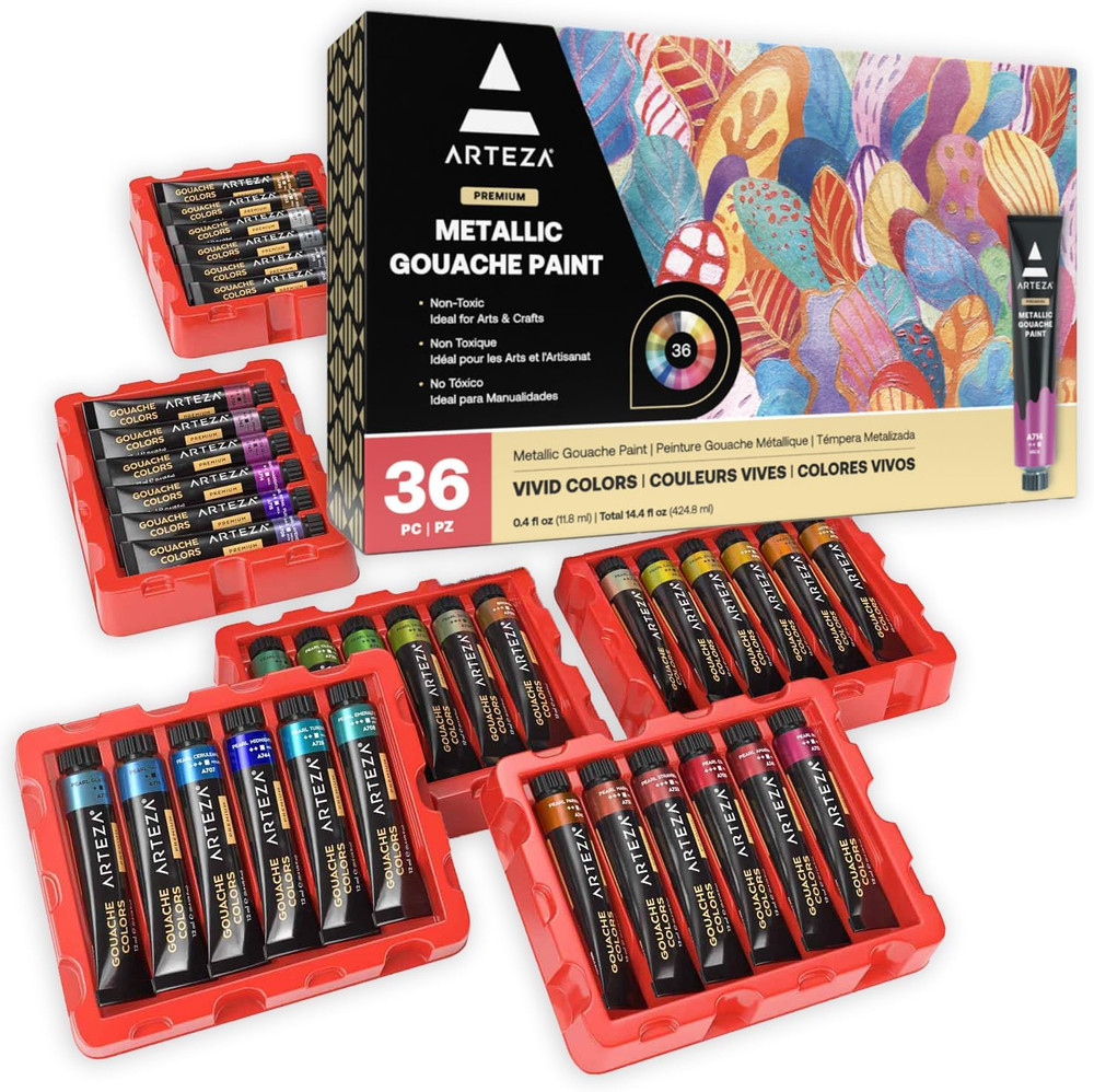 Metallic Gouache Paint, Set of 36, 12Ml/0.4 US Fl Oz Gouache Paint Tubes, Glitte