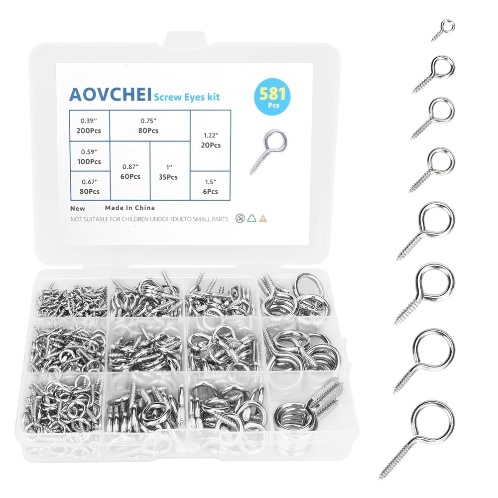 Aovchei Eye Screws Set, 581Pcs 0.39″ 0.59″ 0.67″ 0.75″ 0.87″ 1″ 1.22″ 1.5″ Me…