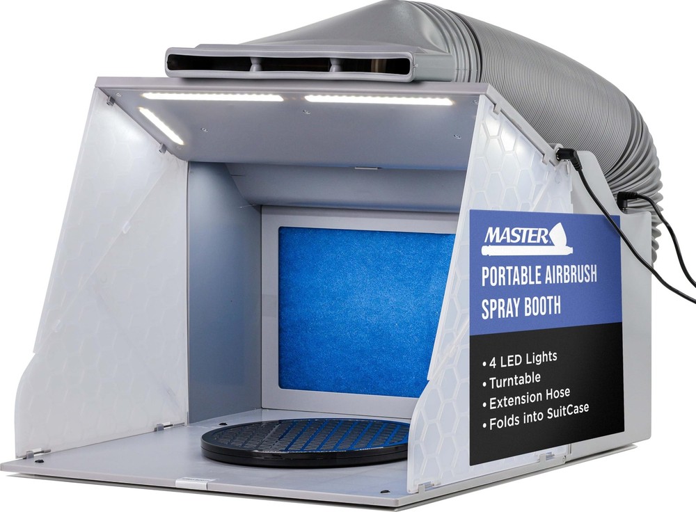 Portable Airbrush Spray Booth Kit with Dual Exhaust Fans, 4 LED Lights, Turntabl