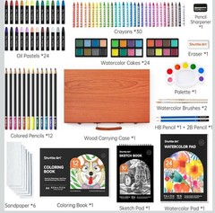 Shuttle Art Deluxe Gift Kit, 202-Piece Wooden Art Supplies Set 4 Drawing Pads