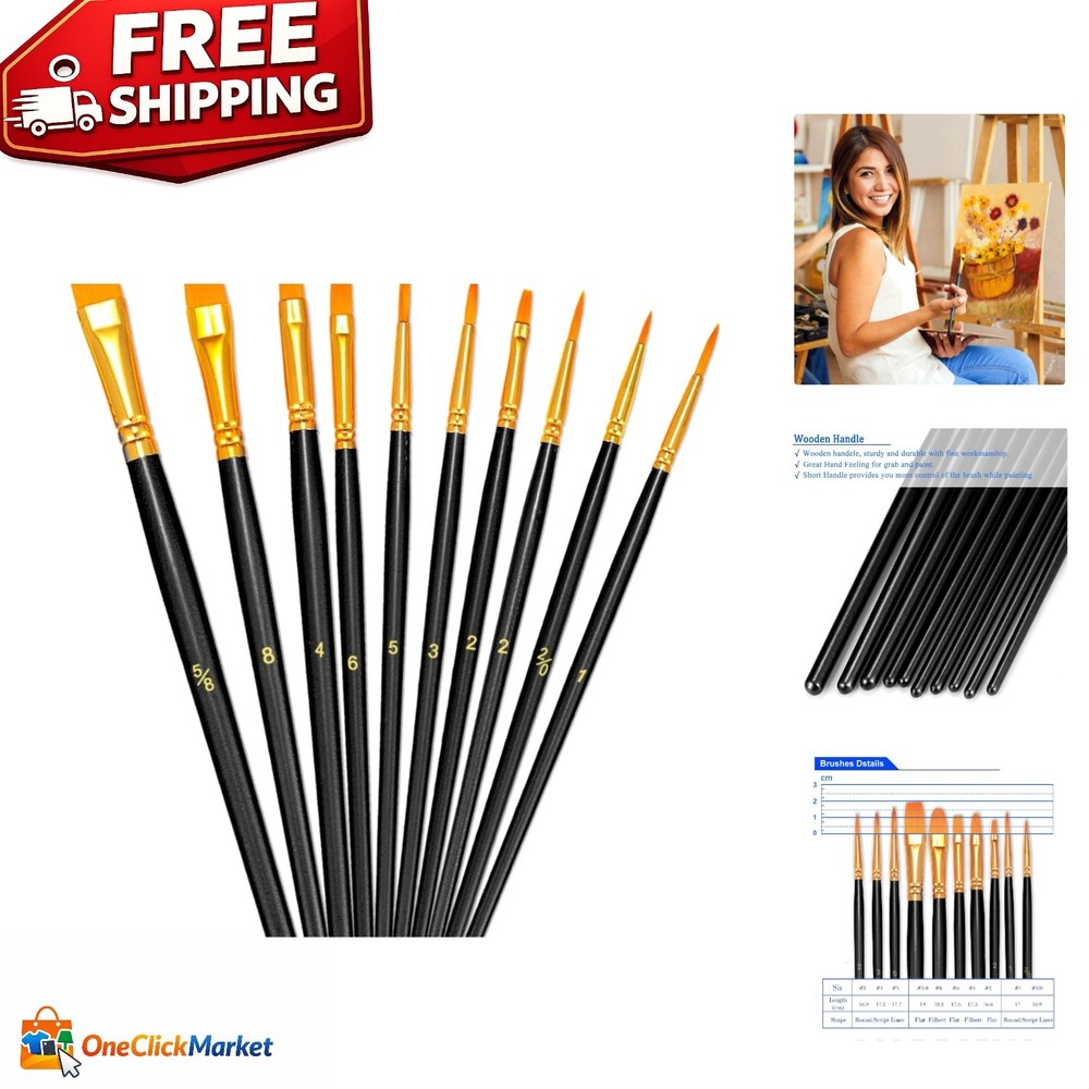 10-Piece Artist Paint Brush Set with Nylon Bristles for Acrylic & Watercolor