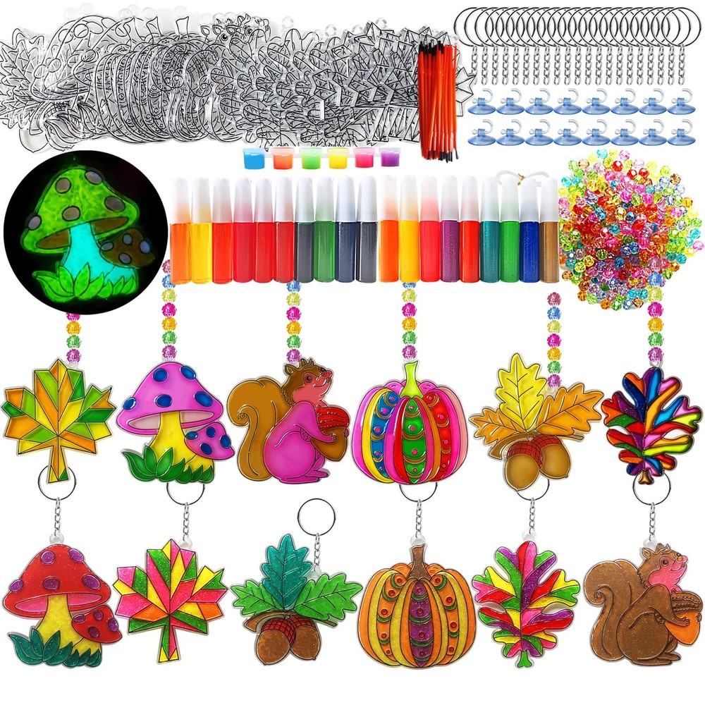 30 Sets Fall Leaf Pumpkin Acorn Suncatchers Keychains Craft Kits DIY Window A…