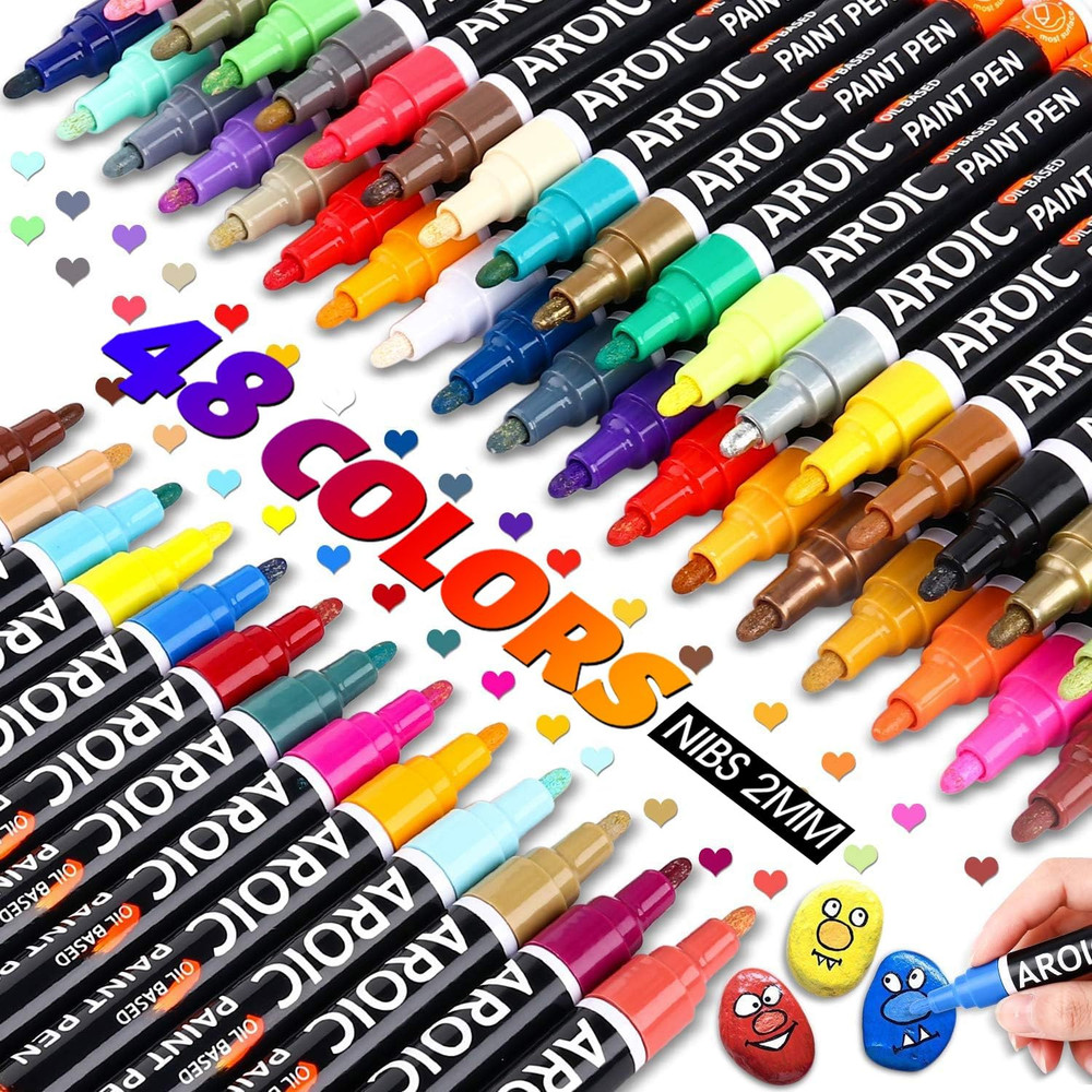 48 Pack Oil-Based Paint Markers Medium Tip – Low Odor Rock Painting Pens for Woo