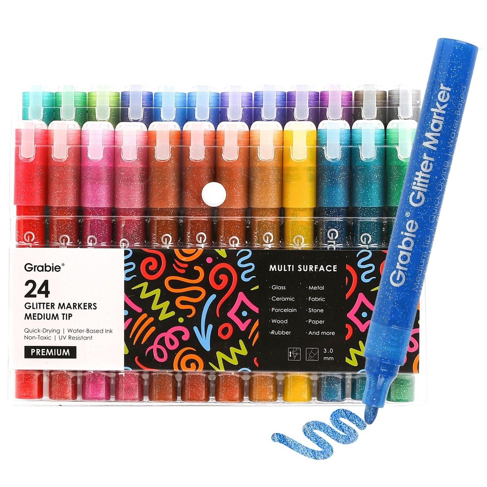 Glitter Markers 24 Pack 0.7mm Tip Acrylic Paint for Canvas, Fabric