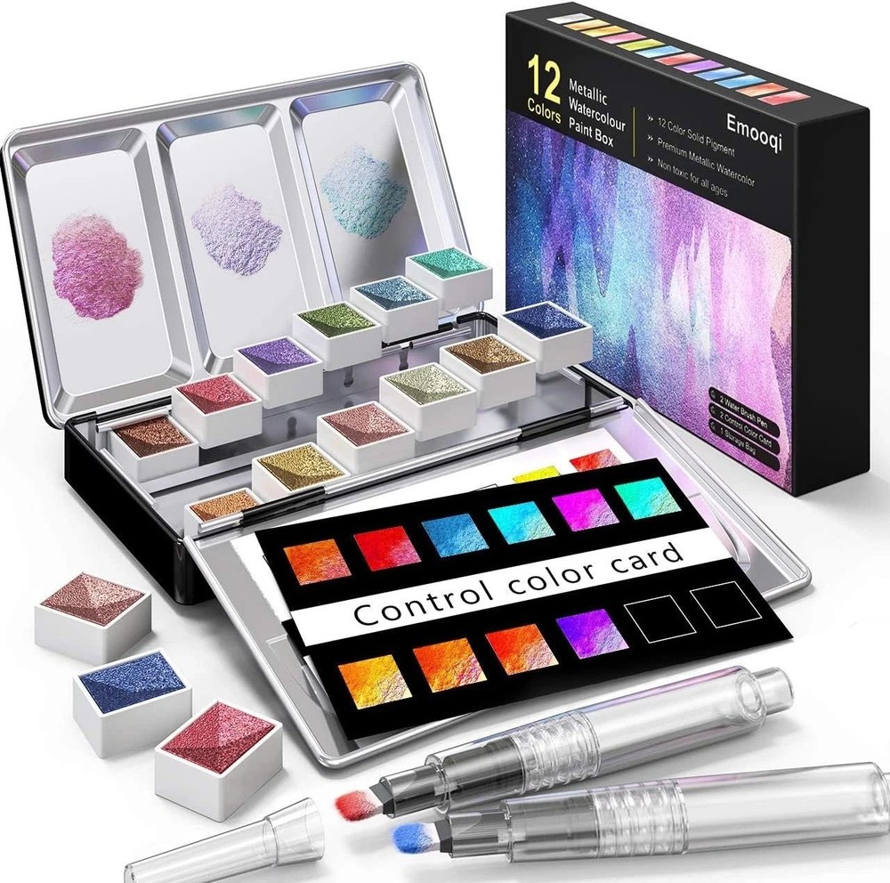 Watercolor Paint Set Metallic Glitter 12 Color Solid Watercolour Travel Kit