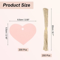 200Pcs Kraft Paper Gift Tags String 2.2 x 2.6 Inch Heart Shape Glittery Pink