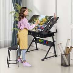 Drawing Table 9 Levels Adjustable angle w/ Stool Arts Crafts Drafting Desk Black