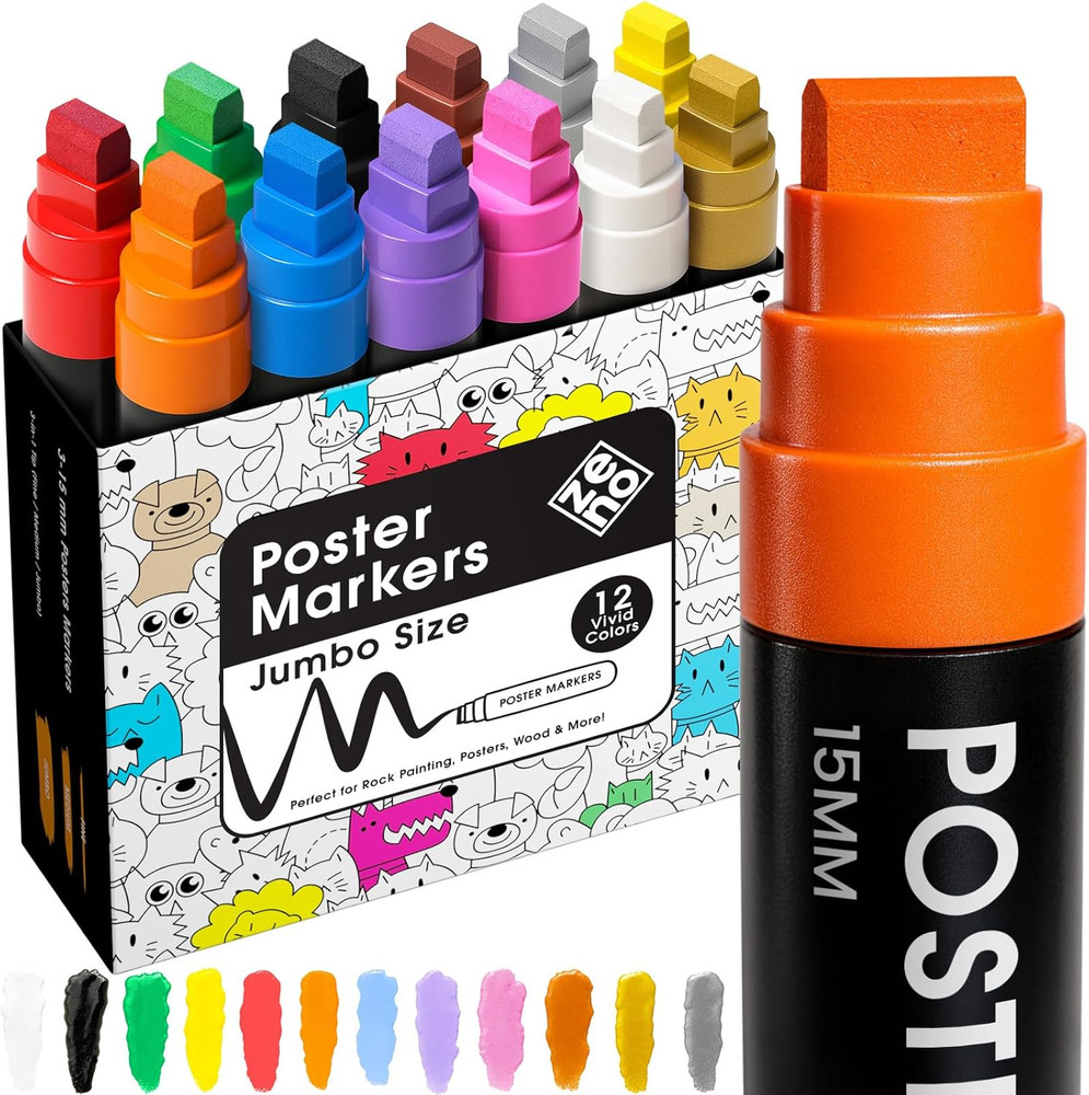 Jumbo Acrylic Paint Markers – 12 Vibrant Colors, 3-In-1 15Mm Chisel Tip, Waterpr