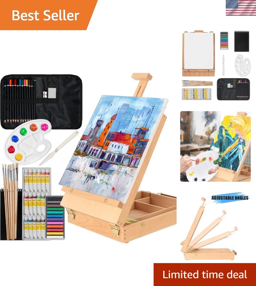 Portable 45-Piece Art Set with Beech Easel and 18 Acrylic Colors for Creativity