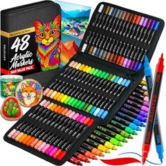 Acrylic Paint Pens With Storage Bag 48 Count (Pack of 1) Dual Tip Brush + Fine
