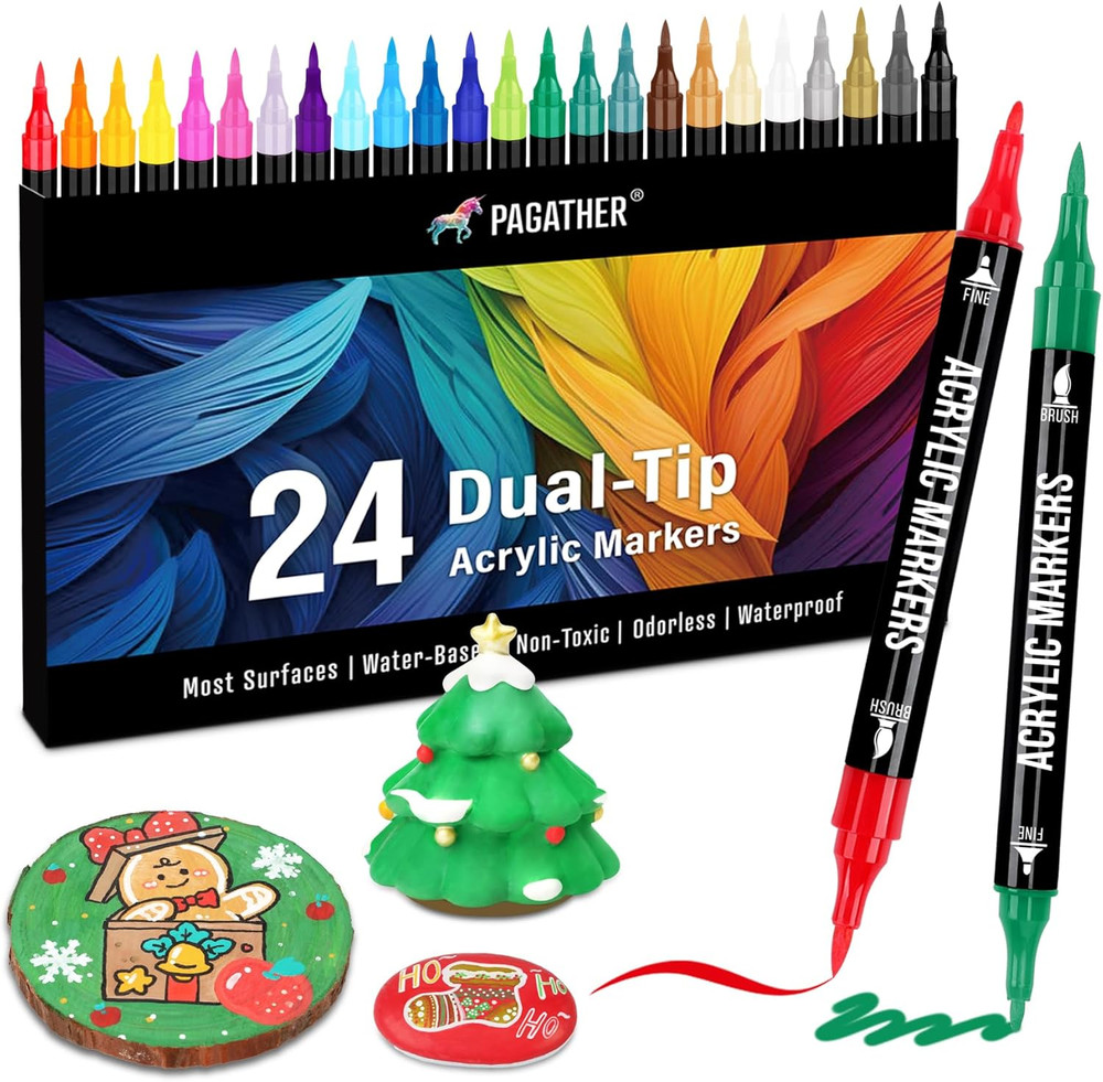 24 Colors Acrylic Paint Markers, Dual Tip w/ Fine Tip & Brush Tip Pens for Stone