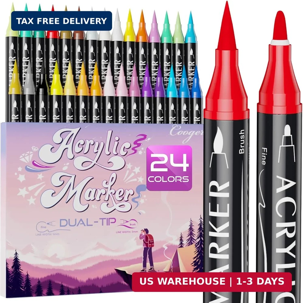 24 Colors Dual Tip Acrylic Paint Markers,Fine Tip and Brush Tip Permanent Acryli