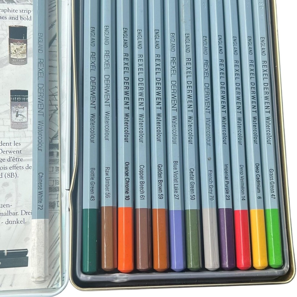 Vtg Rexel Derwent Watercolour Pencils 13 Set Tin Made in England Art Pro drawing