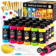 40 PCS Acrylic Paint Set – 24 Colors (2oz/60ml) with Brushes, Knives & Palett…