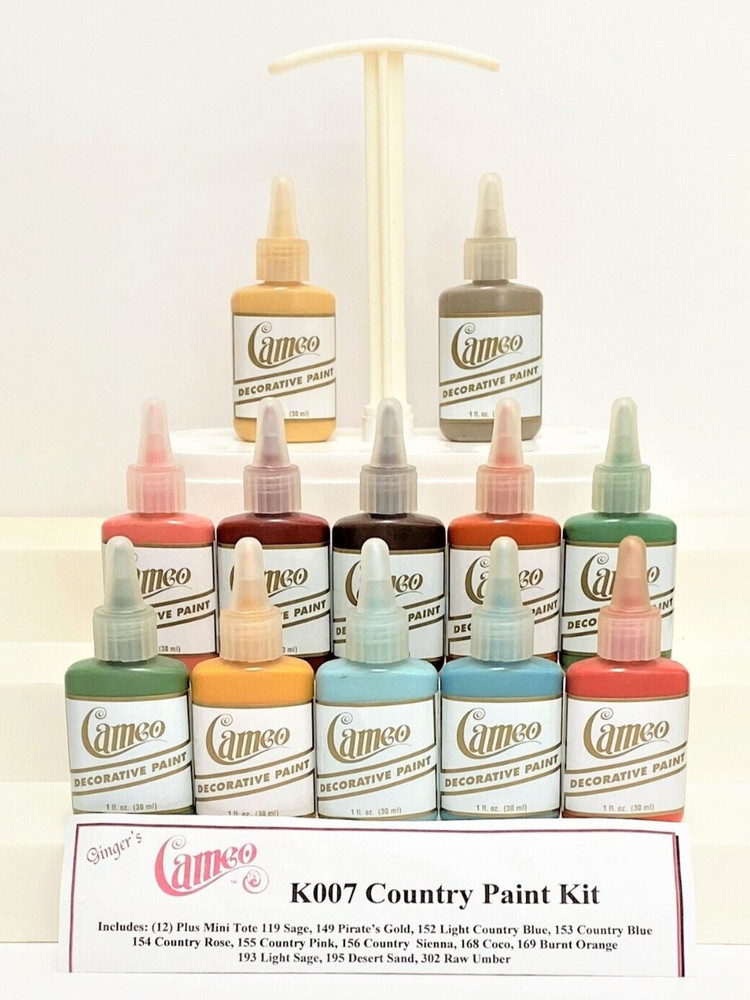 Gingers Cameo K007 Country Kit 12 Cameo Acrylic Ballpoint Fabric Paints & Toter