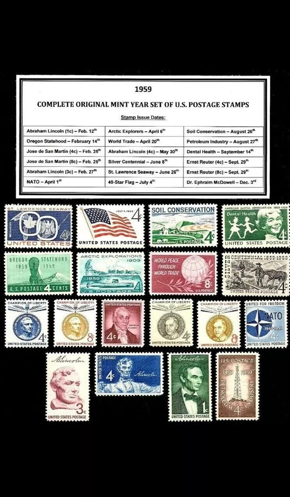 1959 Complete Year Set of Mint Vintage Commemorative U.S. Postage Stamps! MNH