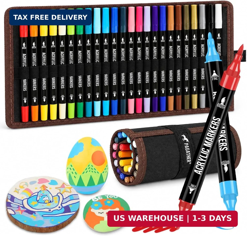 Pagather 24 Colors Acrylic Paint Markers, Dual Tip with Fine Tip and Brush Tip P