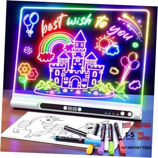 16“ Rechargeable LED Drawing Board, 9-Color Light Modes with Timer & White
