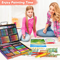 Soucolor 183 Art Drawing Painting Kit, Crayons Pastels Markers, Wooden Case | 18