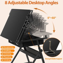 Drafting Drawing Table 9 Levels Adjustable angle w/ Stool Arts & Crafts Black