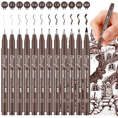 Sepia Tone Drawing Pen Set, 12 Assorted Sizes Sketch Liner, Water-Resistant A…