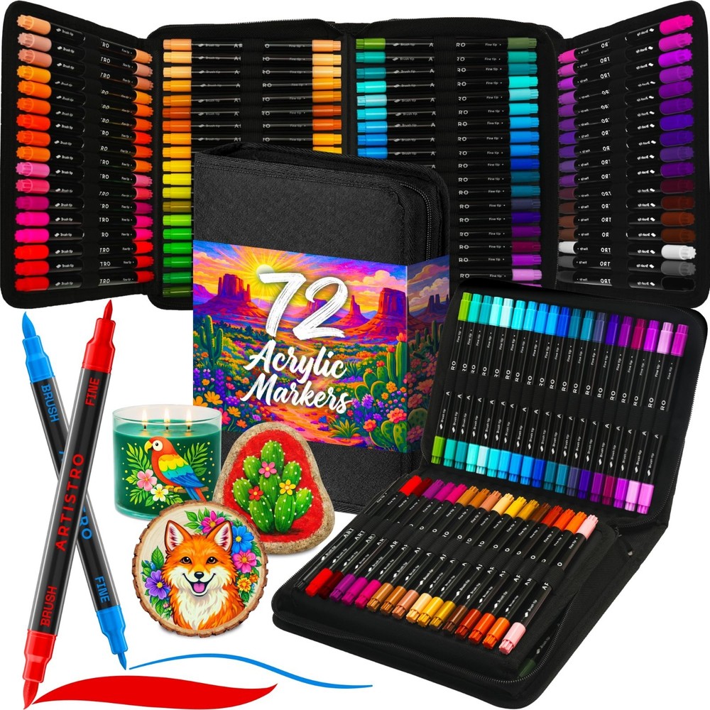 Acrylic Paint Pens Set with Storage Bag – Dual Tip Brush & Fine Markers for Fabr