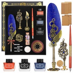 GrnVibe Quill Pen and Ink Set,Calligraphy Set with Wooden Dip Pen,Ink,Nibs,Wa…