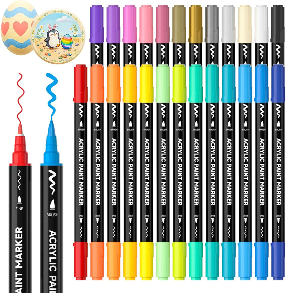 25 Colors Dual Tip Acrylic Paint Markers, Brush Tip and Fine Tip Acrylic Paint P