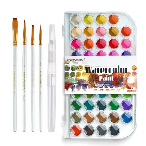 48 Colors Watercolor Paint Set with 4pcs Paint Brushes and 1pcs Water White