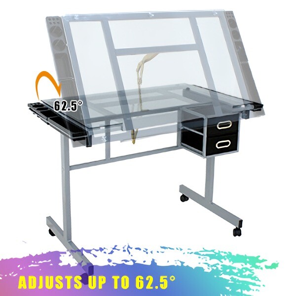 Adjustable Drawing Desk Drafting Table Tempered Glass Desk Craft Statio & Wheels