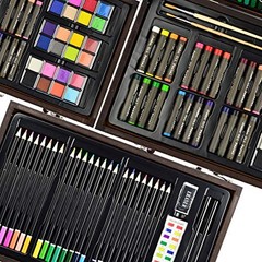 145 Piece Deluxe Art Set, Wooden Box & Drawing Kit with Crayons, multi-color