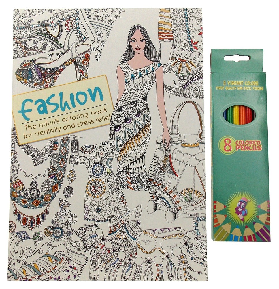 Fashion Adult and Teen Coloring Book Colored Pencils Jewelry Purse Stress Relief