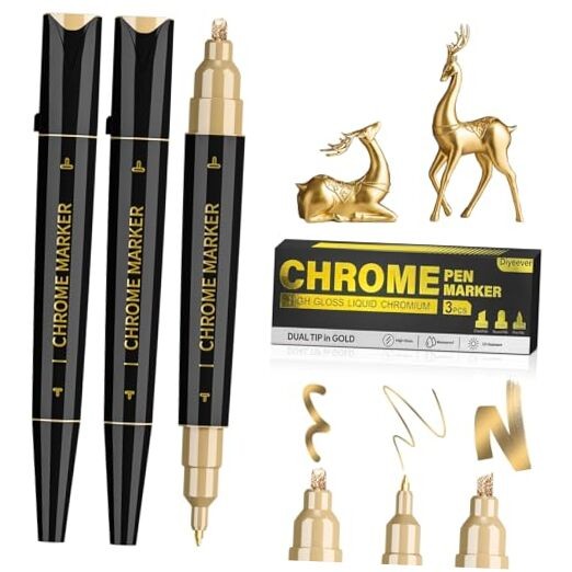 3 Pack Dual Tip Liquid Gold Chrome Markers, Permanent Shiny Gold Marker 3 Gold