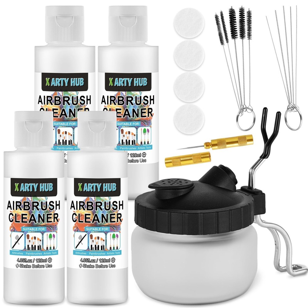 Airbrush Cleaning Kit – 4 x 4.05 fl oz Cleaner, Glass Pot, Water-Based & Acrylic