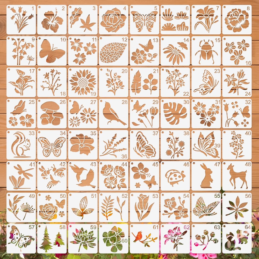 64Pcs Stencils for Painting on Wood, Reusable 3×3 inches, White-Flower01