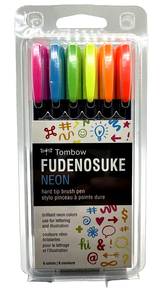 Tombow 56437 Fudenosuke Neon Brush Pen, 6-Pack. Hard Tip Fudenosuke Brush Pens