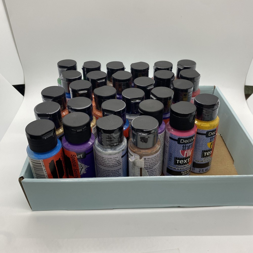Lot Of 28 DecoArt Thrift Flip Fabric Acrylic Paint 2oz Assorted – Read