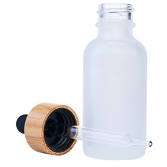 Clear Frosted Boston Round Glass bottles Black Bamboo Cap 1 oz / 30 ml 12 Pack