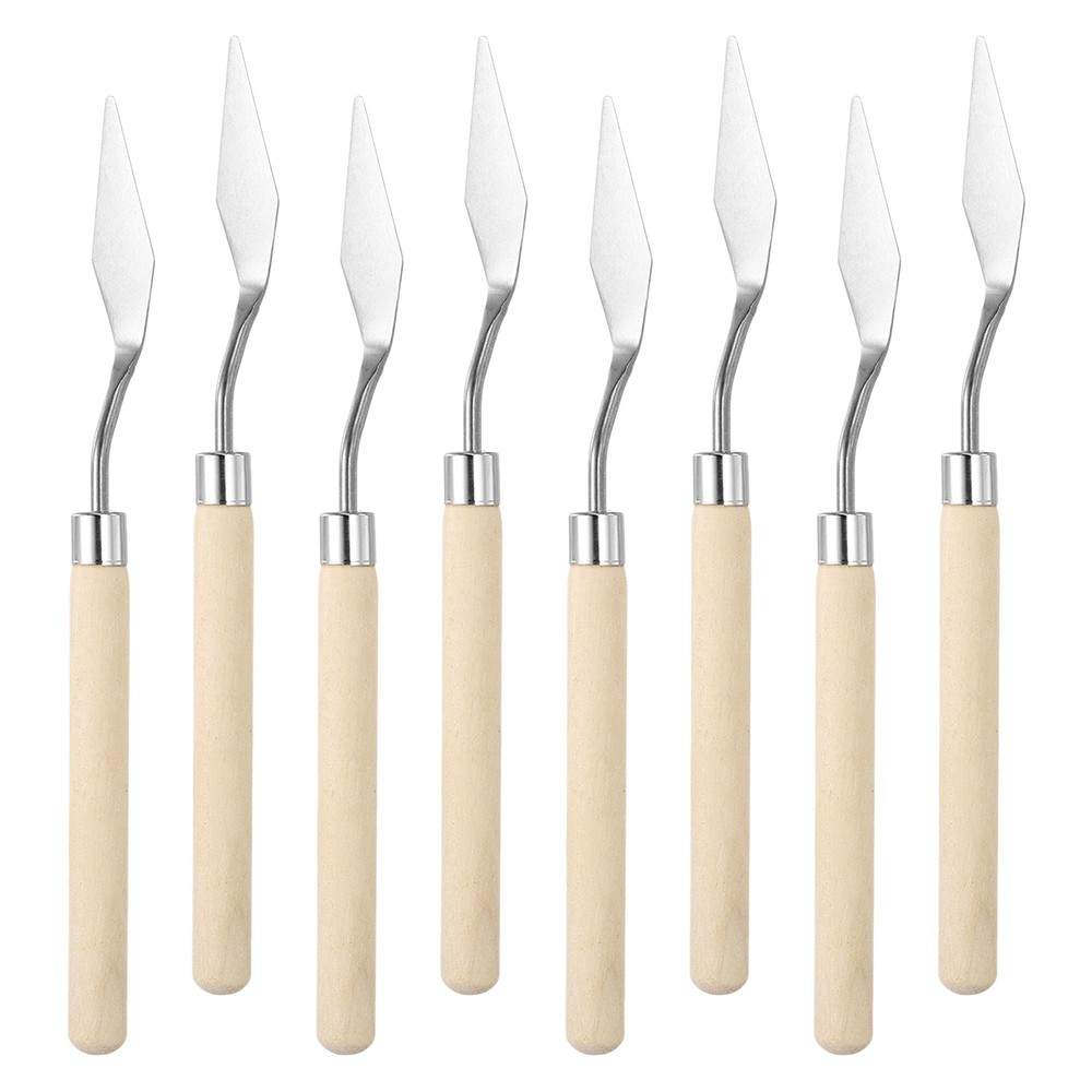 6.89″ 8Pcs Stainless Steel Palette Knife Birch Medium Pointed Natural Wood Color