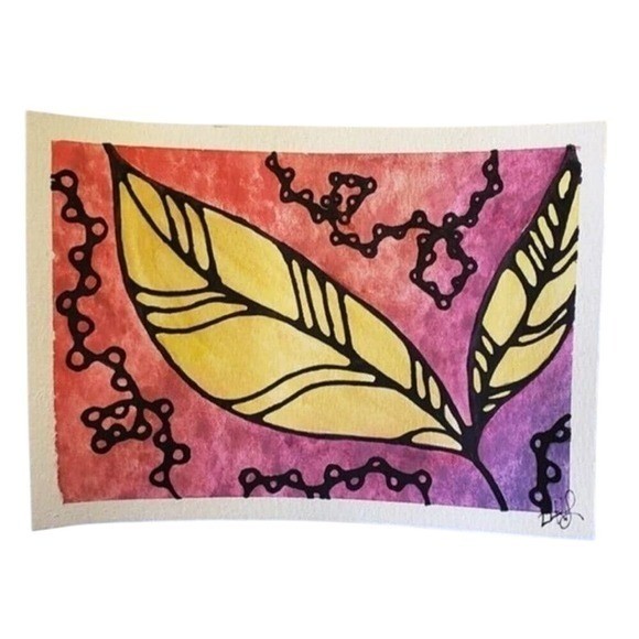 Leaves: Watercolor & Ink Painting 5″x 7″ Original Art Signed on Paper Absract